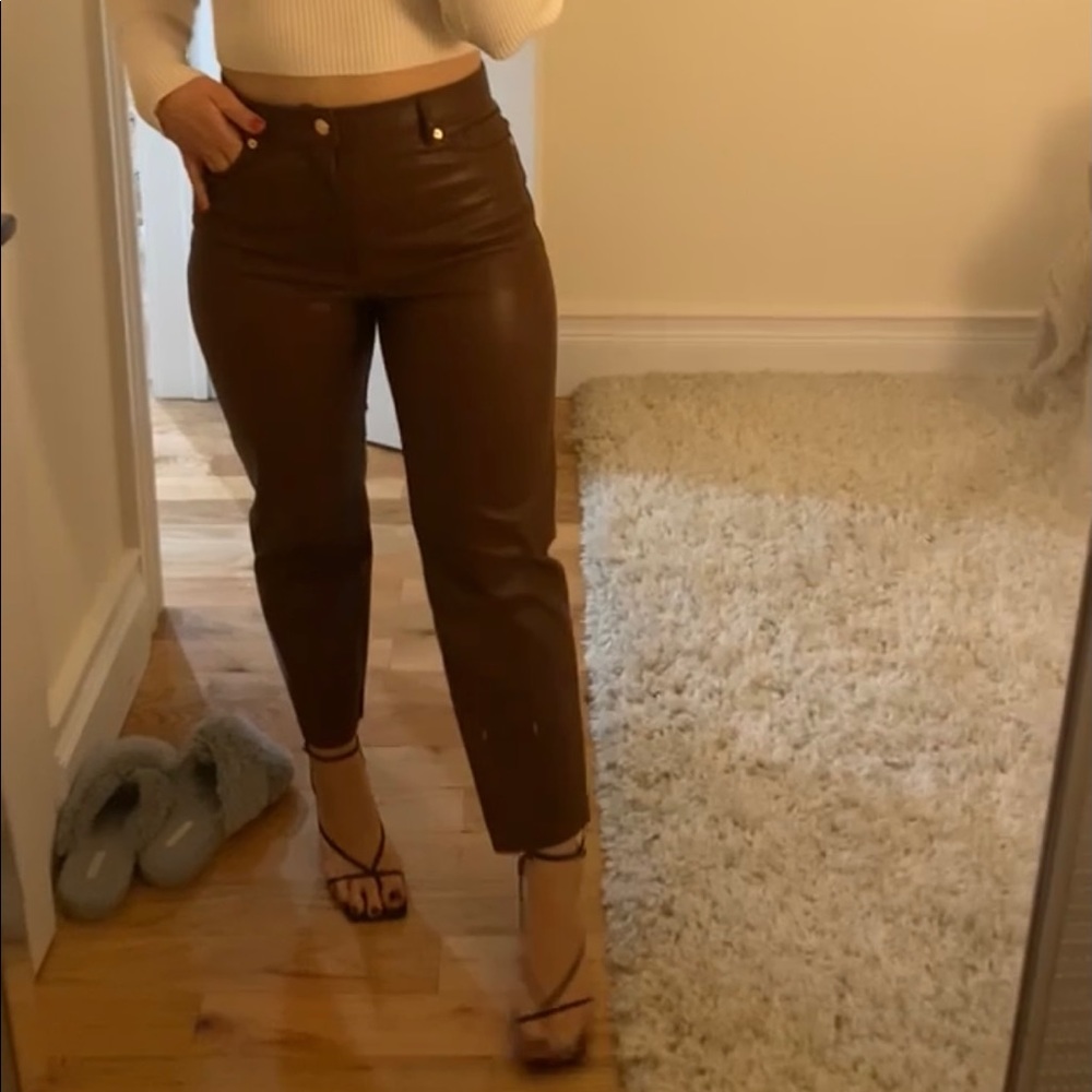 High waisted brown vegan leather straight leg pant